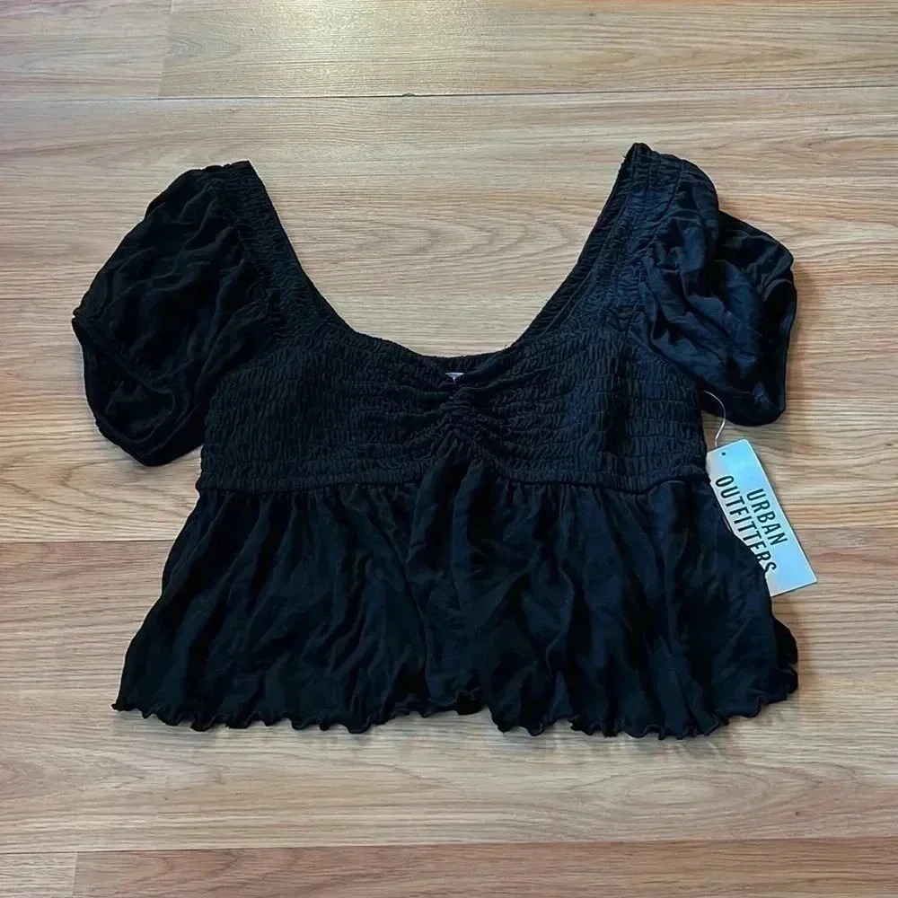Urban Outfitters Angelo Smocked Babydoll Puff Sleeve Top - Black